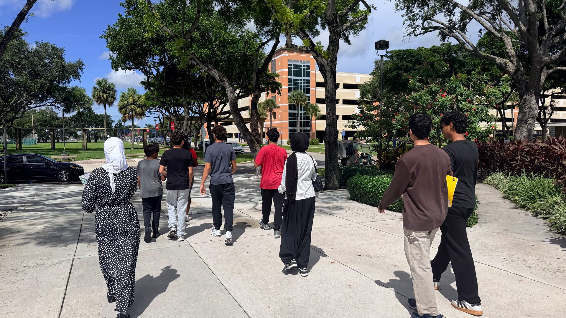 Students walk together along a shaded campus sidewalk, seen from behind.