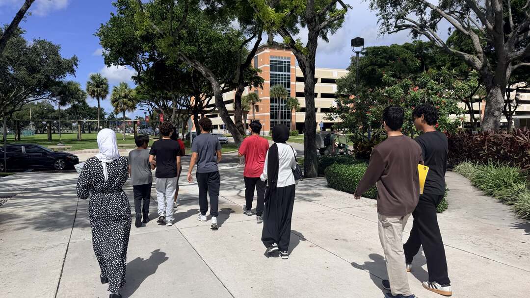 The group walking along a tree-lined campus sidewalk